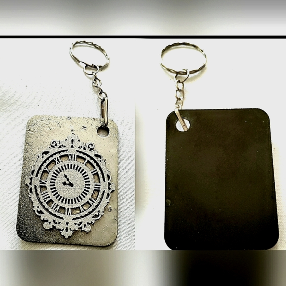 NEW Handmade Keychain Bag Tag! Steampunk Victorian Clock. Black & Aged Silver.
